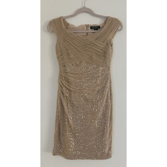 Lauren Ralph Lauren Evening Gold Sequin Mesh Shoulders Mini Dress - Picture 1 of 10